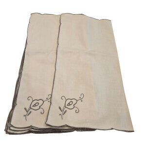 Vintage Cotton Wedding Napkins Flower Embroidered Cream Ecru Taupe Gray 12 Piece